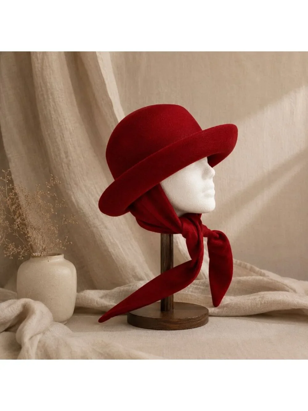 Red DoeSkin Wool Felt Church Hat VTG Scarf Tie Cloche by Bollman USA Millinery